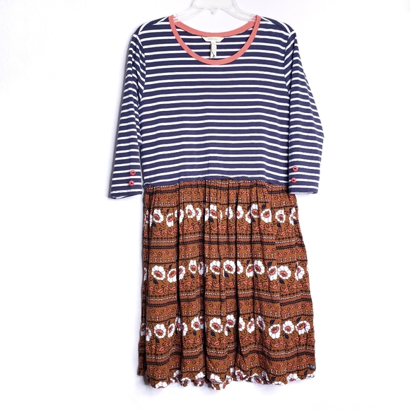 Matilda Jane Winsome Striped Floral Print Blue & Brown Dress Women's Size Large - Picture 2 of 10